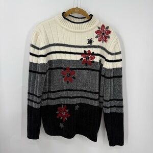 Alfred Dunner vintage sweater  striped pattern W/embroidered red floral detail M